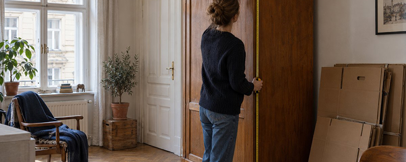 Žena měří svinovacím metrem výšku staré dřevěné šatní skříně v pražském činžovním bytě, u stěny jsou opřené složené stěhovací krabice